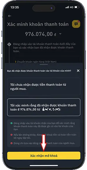 Bước 15: Ấn tiếp vào mục Xác nhận mở khoá để kết thúc giao dịch